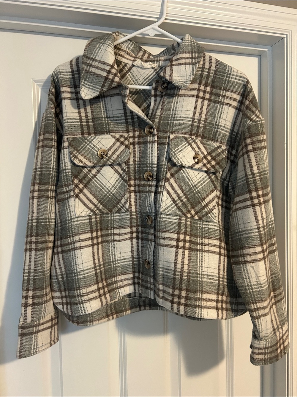 Women's Plaid Button-Up Jean Shacket - Green & Brown